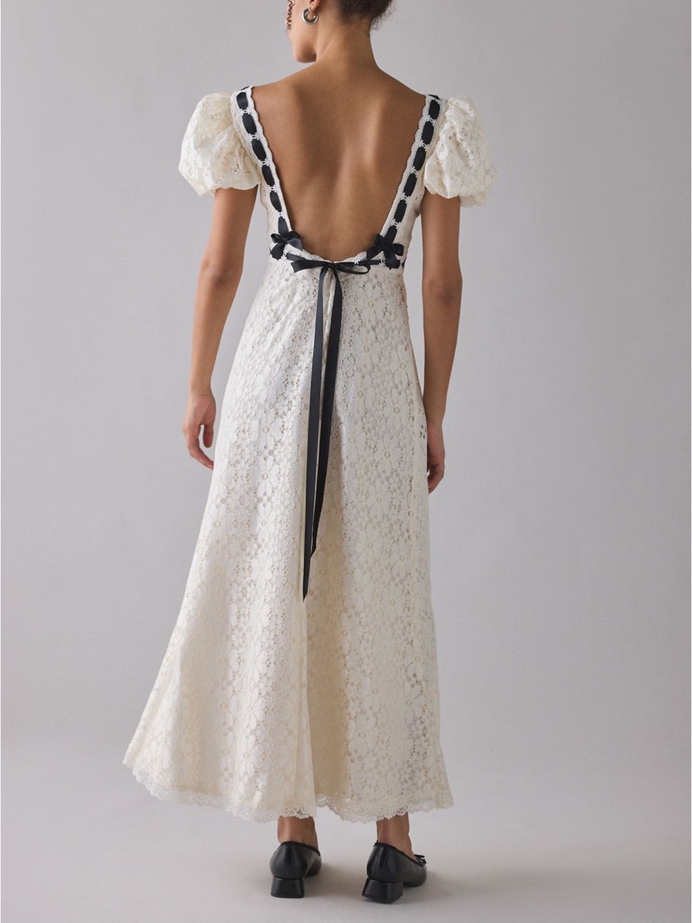 For Love & Lemons White Lace Maxi Dress with Black Ribbon Trim